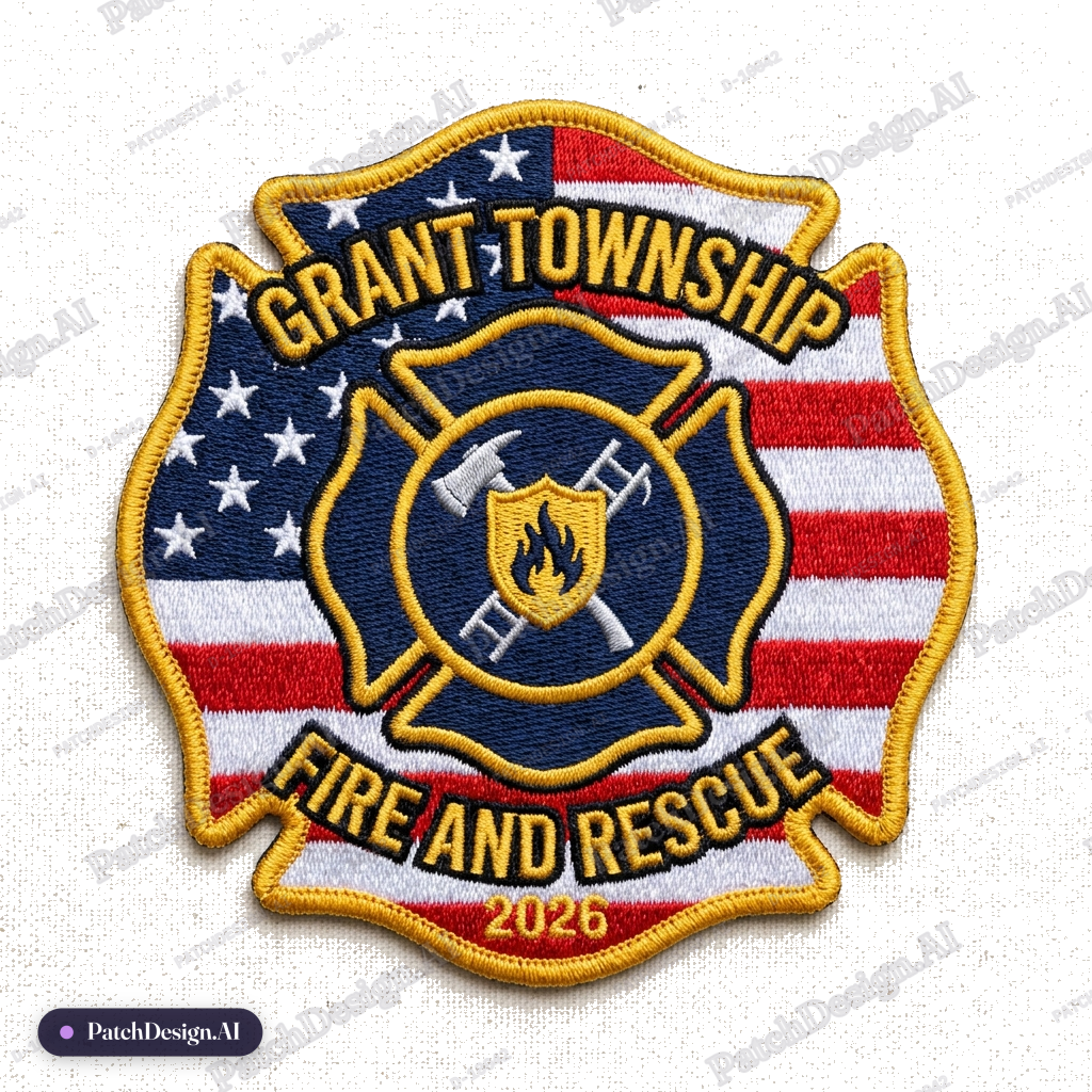 Fire Dept Maltese cross with American Flag background with grant township, fire and rescue — custom patch designed with AI