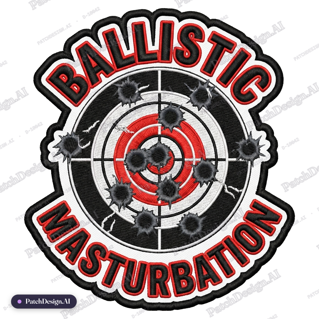 Target with lots of bullet holes. Ballistic Masturbation printed on outer edges — custom patch designed with AI