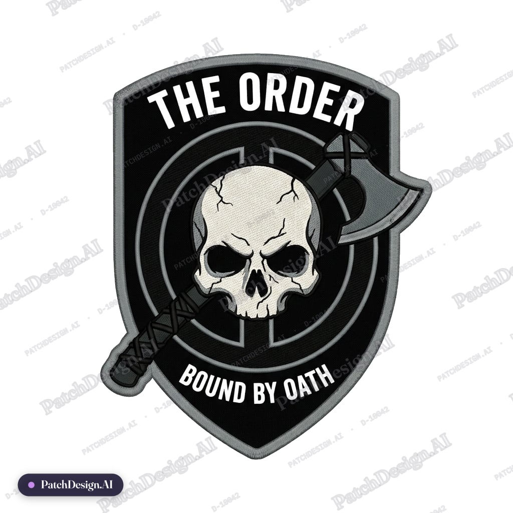 Front Layer — Jawless Skullelongated jawless skullhollow eye sockets shaped like the Order — custom patch designed with AI