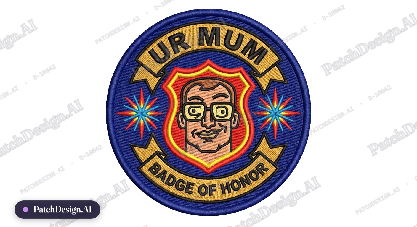 UR MUM badge that has a weird photo — custom patch designed with AI