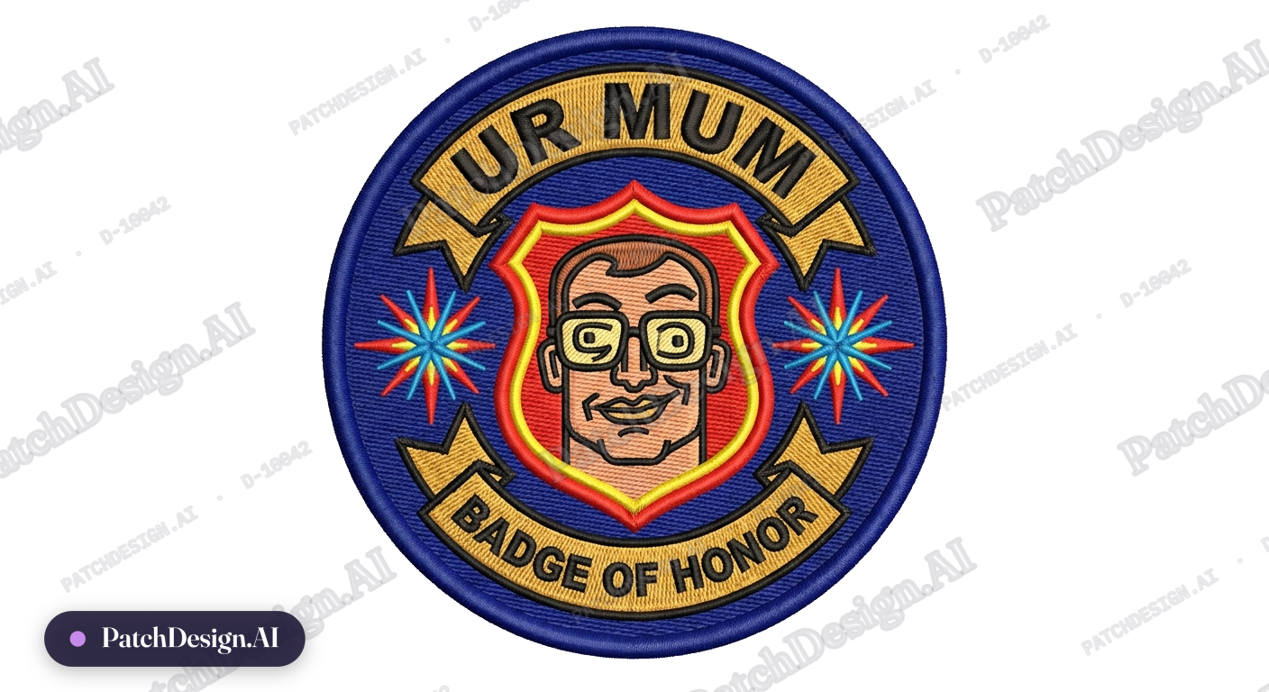 UR MUM badge that has a weird photo — custom patch designed with AI