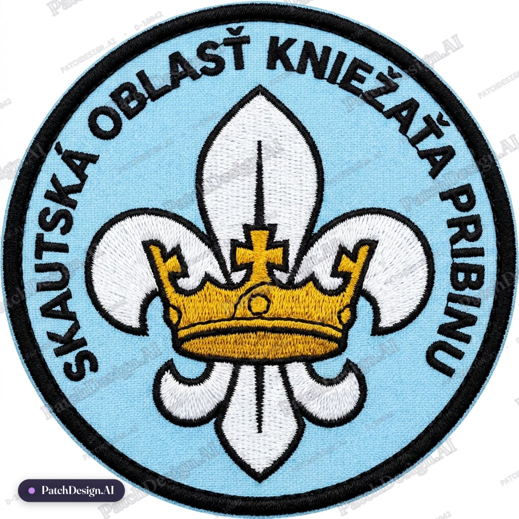 Vytvoriť kruhovú nášivku s priemerom 8 cm, obšitá po obvode čiernou niťou, farba podkladov — custom patch designed with AI