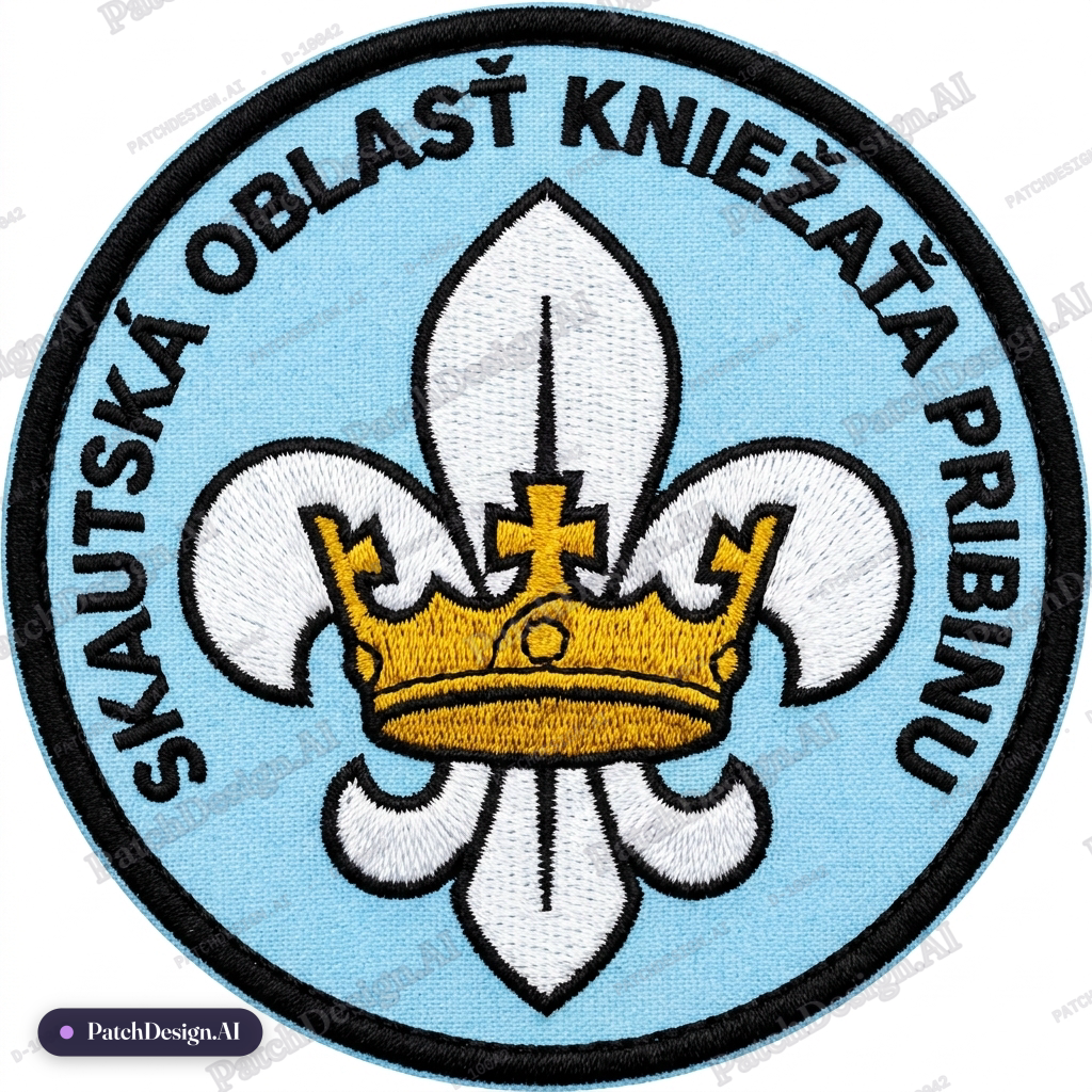 Vytvoriť kruhovú nášivku s priemerom 8 cm, obšitá po obvode čiernou niťou, farba podkladov — custom patch designed with AI