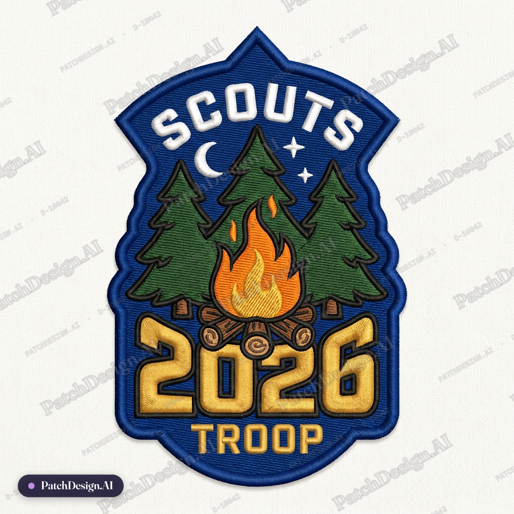 Scout vest front patch, campfire and pine trees, troop number, 3 inch — custom patch designed with AI