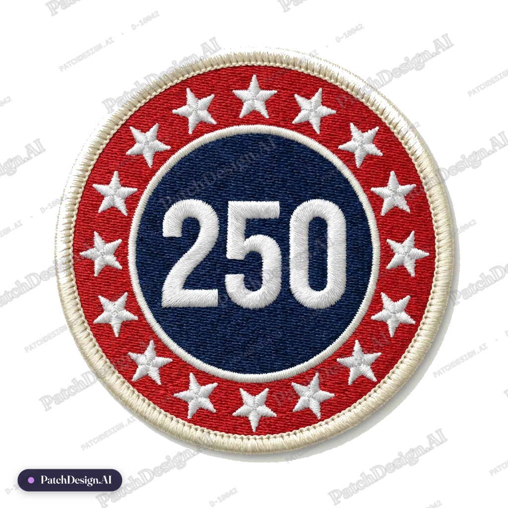 Round patch, thirteen-star ring with '250' in the center, navy red and cream — custom patch designed with AI