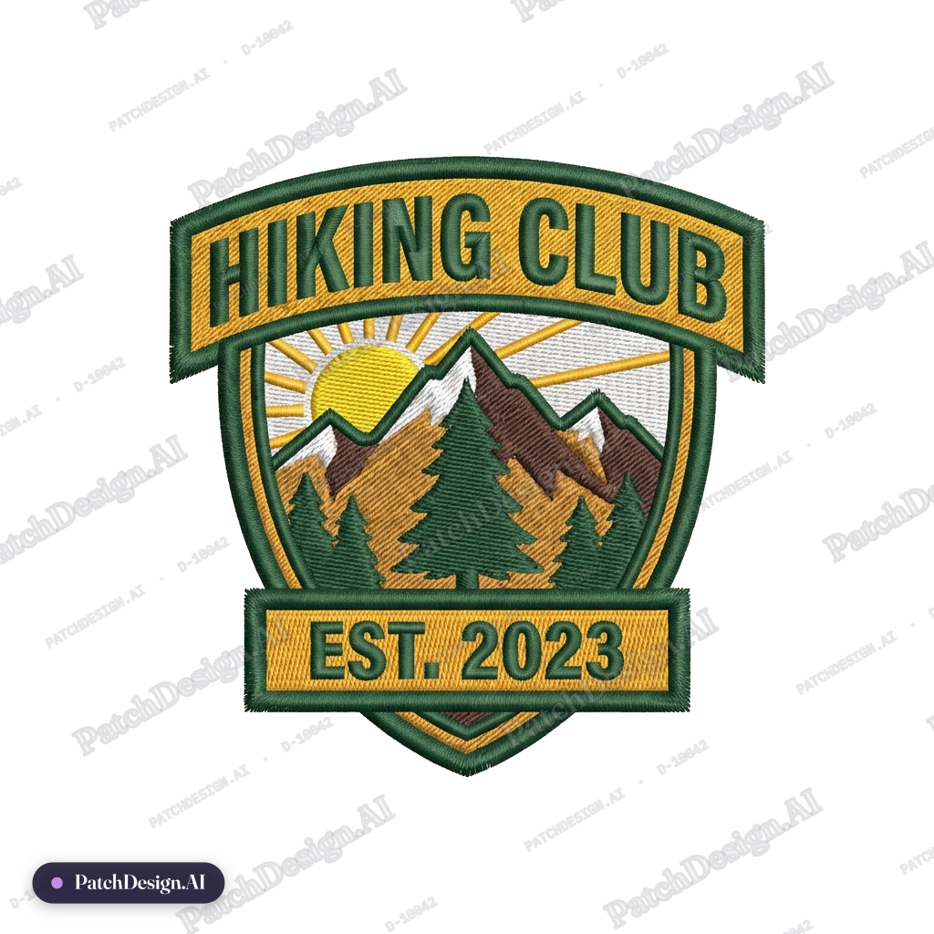 Embroidered shield patch for a hiking club, pine tree and mountain sunrise, forest green a — custom patch designed with AI