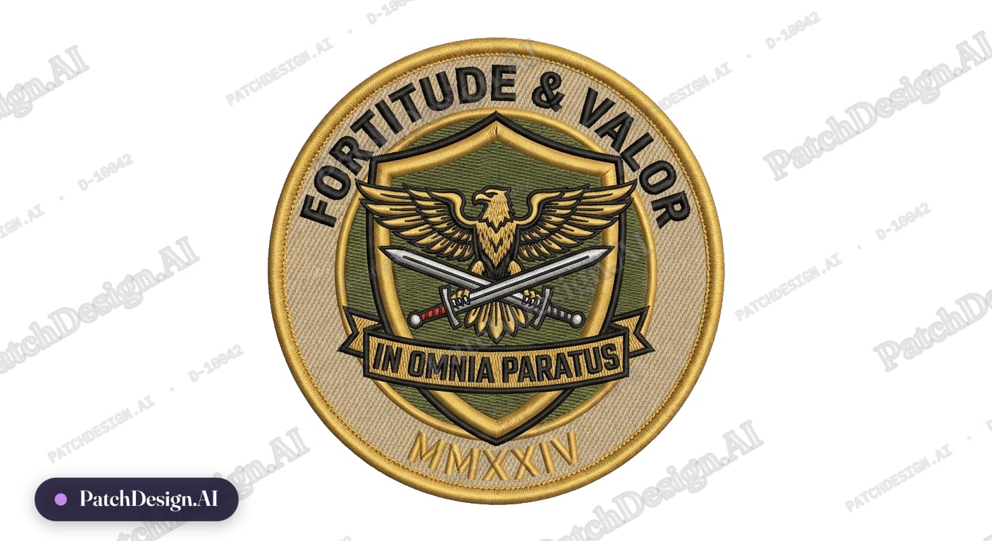 Military unit patch with eagle, crossed swords, and Latin motto — shield shape, olive and  — custom patch designed with AI