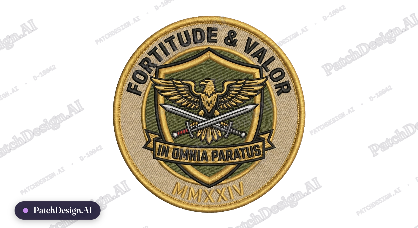 Military unit patch with eagle, crossed swords, and Latin motto — shield shape, olive and  — custom patch designed with AI