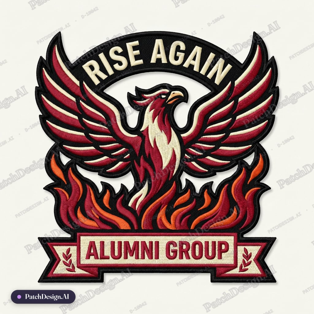 Phoenix and flame emblem with a banner for a recovery or alumni group, deep red and cream — custom patch designed with AI