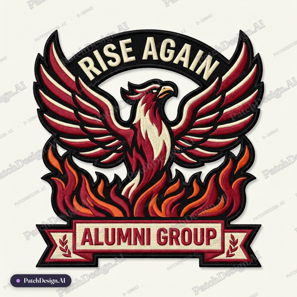 Phoenix and flame emblem with a banner for a recovery or alumni group, deep red and cream — custom patch designed with AI