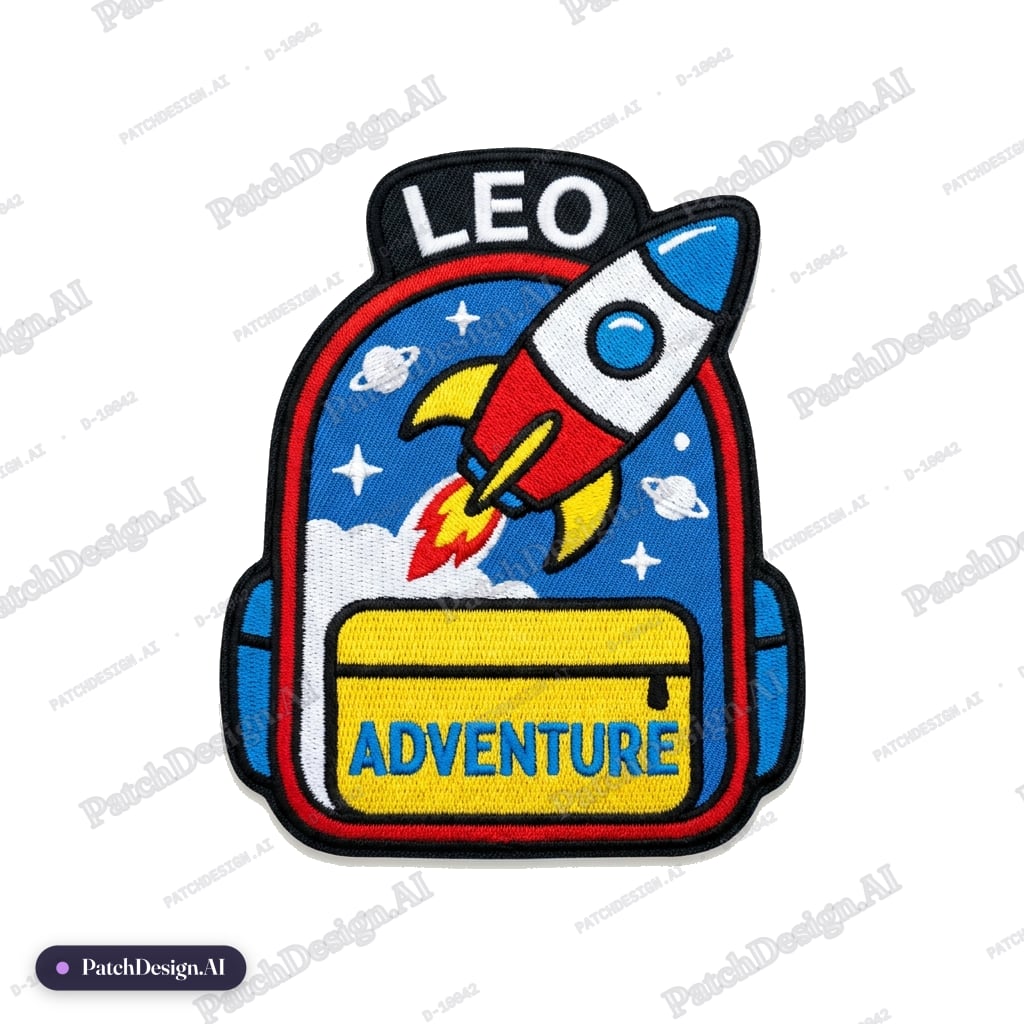 Backpack patch with a child's name and a rocket, bright primary colors, 3 inch, iron-on — custom patch designed with AI