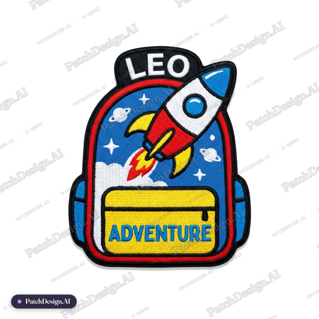 Backpack patch with a child's name and a rocket, bright primary colors, 3 inch, iron-on — custom patch designed with AI