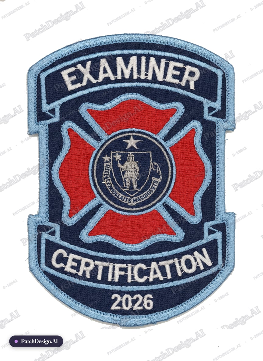 Non standard shoulder patch. 5 inches tall by 3.75 inches wide. Navy blue background, with — custom patch designed with AI