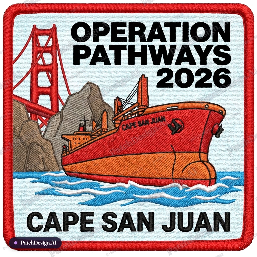 Focus on the ship. Include the text "Operation Pathways 2026" and "Cape San Juan" — custom patch designed with AI