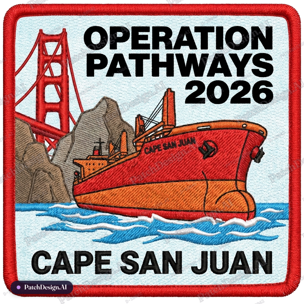 Focus on the ship. Include the text "Operation Pathways 2026" and "Cape San Juan" — custom patch designed with AI