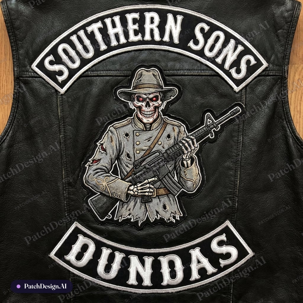 A highly detailed 3-piece motorcycle club patch set on a black leather vest background, pr — custom patch designed with AI