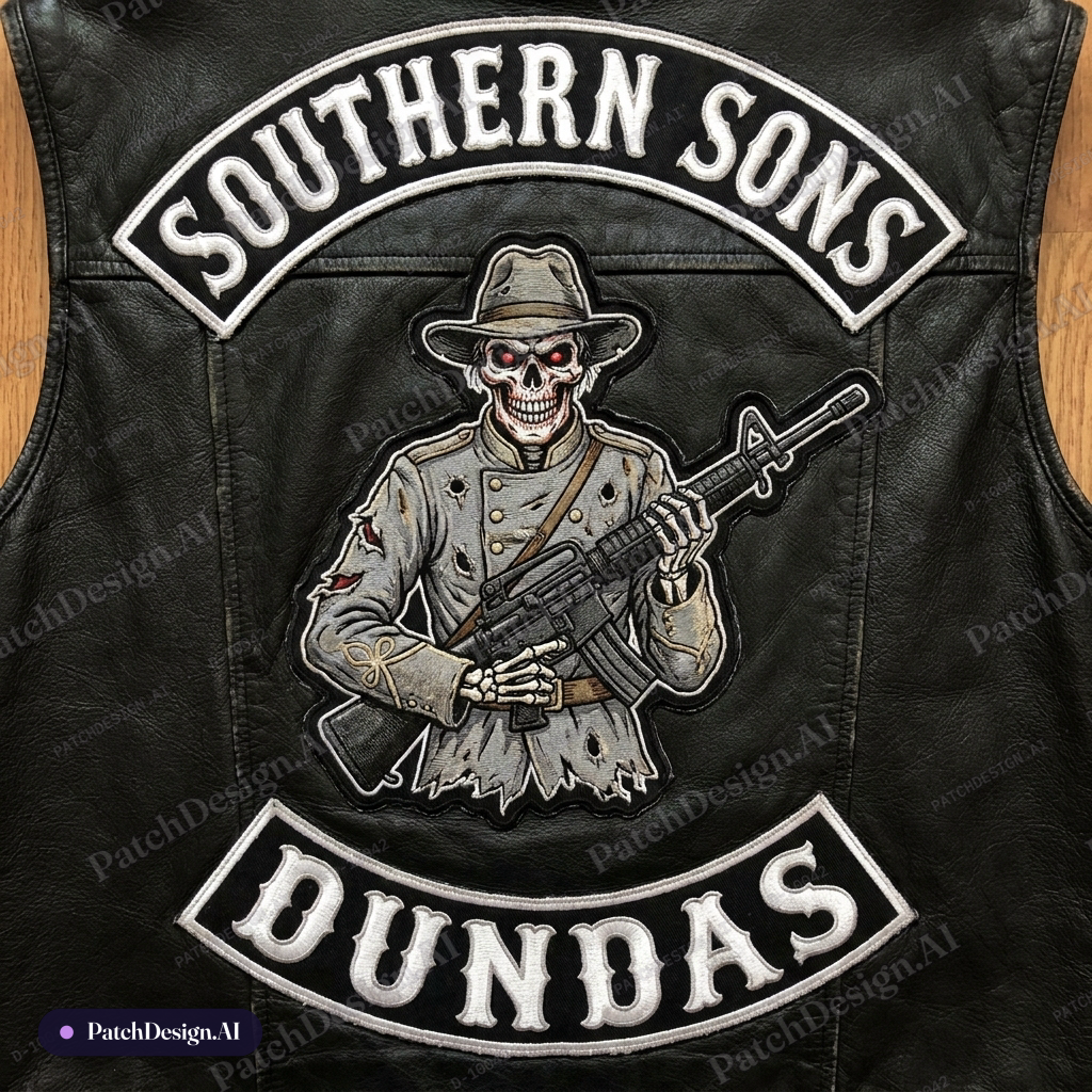 A highly detailed 3-piece motorcycle club patch set on a black leather vest background, pr — custom patch designed with AI