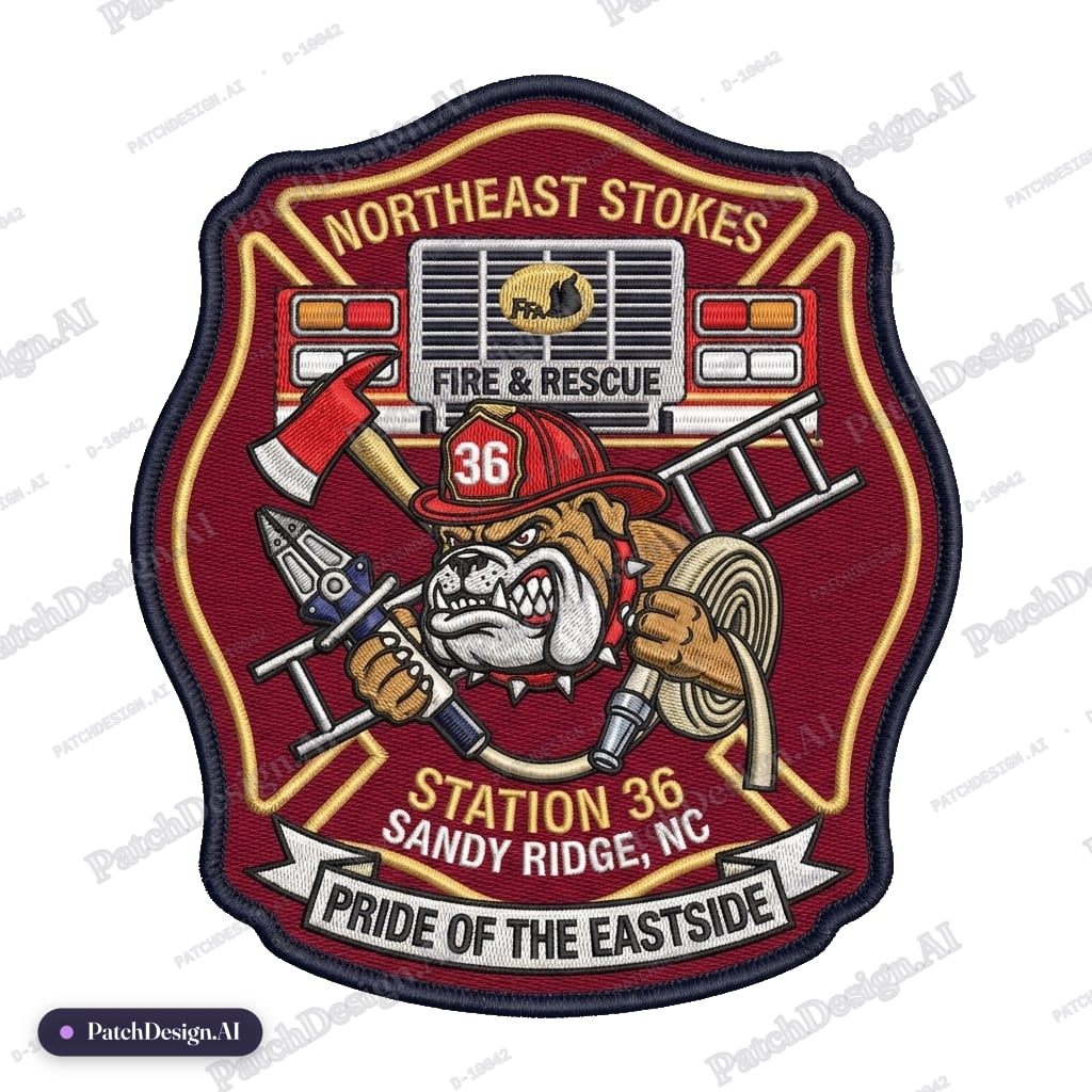 Northeast Stokes Fire & Rescue Station 36 Sandy Ridge, NC Pride of the Eastside with Bulld — custom patch designed with AI