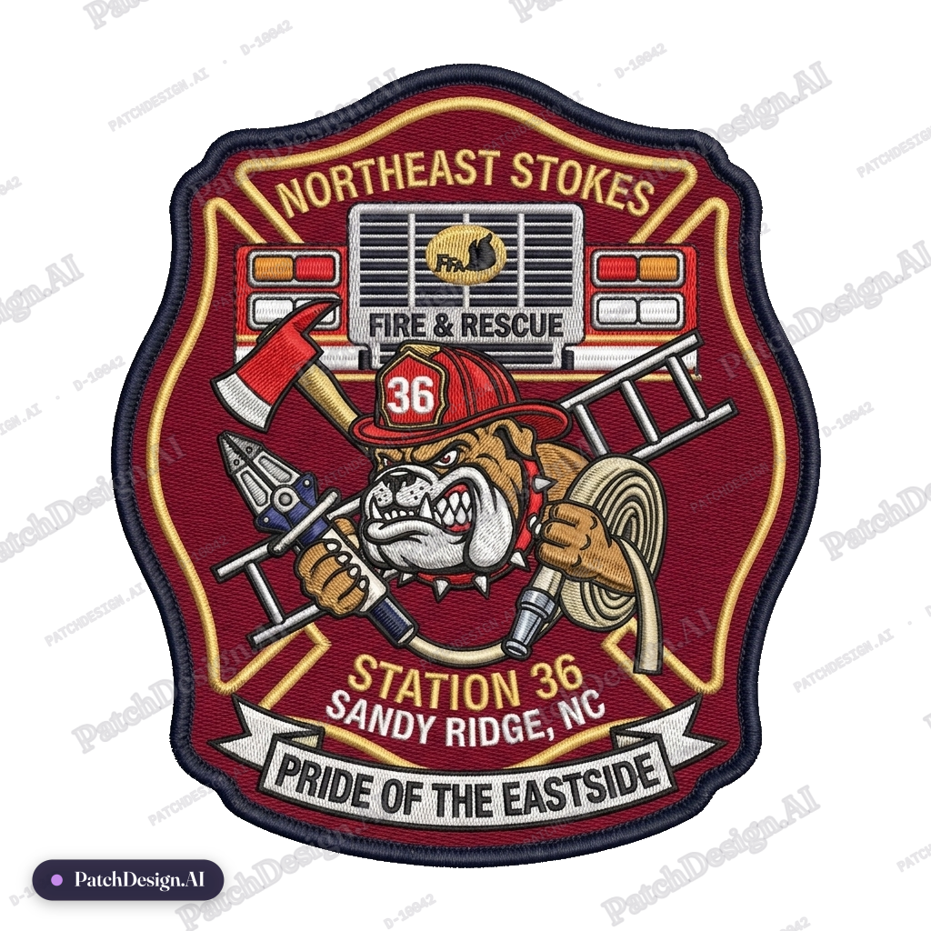 Northeast Stokes Fire & Rescue Station 36 Sandy Ridge, NC Pride of the Eastside with Bulld — custom patch designed with AI
