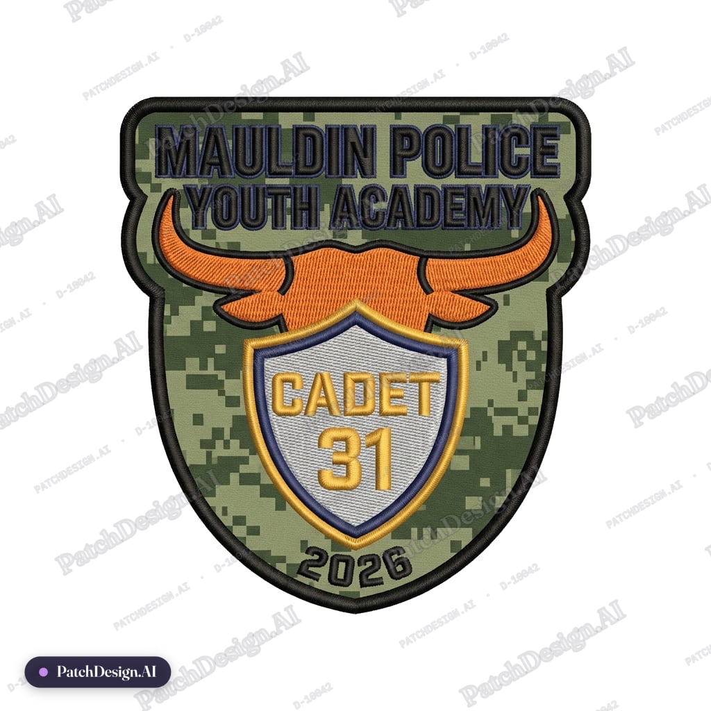 A military green Digitital camo print Mauldin Police Youth Academy in Black lettering with — custom patch designed with AI