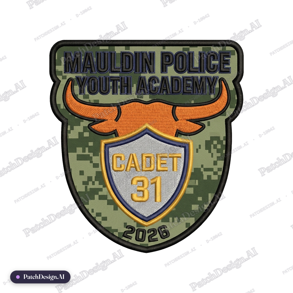 A military green Digitital camo print Mauldin Police Youth Academy in Black lettering with — custom patch designed with AI