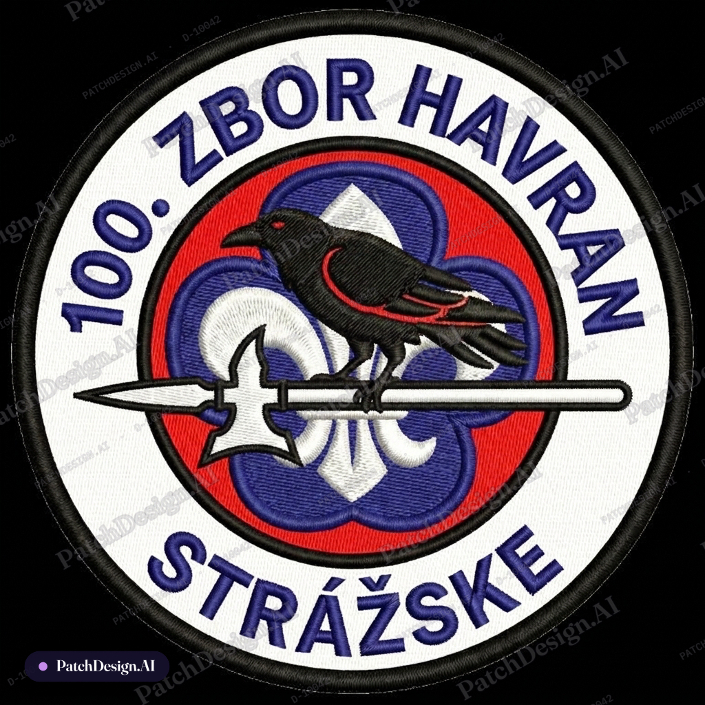 Halapartňa s havranom nižšie, za chrbtom havrana biela skautská ľalia podložená modrým tro — custom patch designed with AI