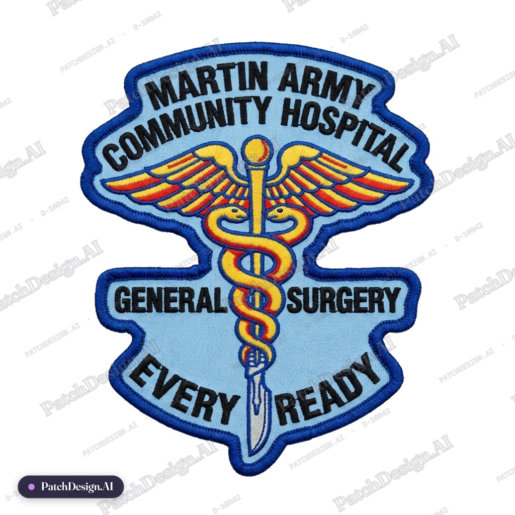 Martin Army Community Hospital, General Surgery, every ready, scalpel, caduceus — custom patch designed with AI