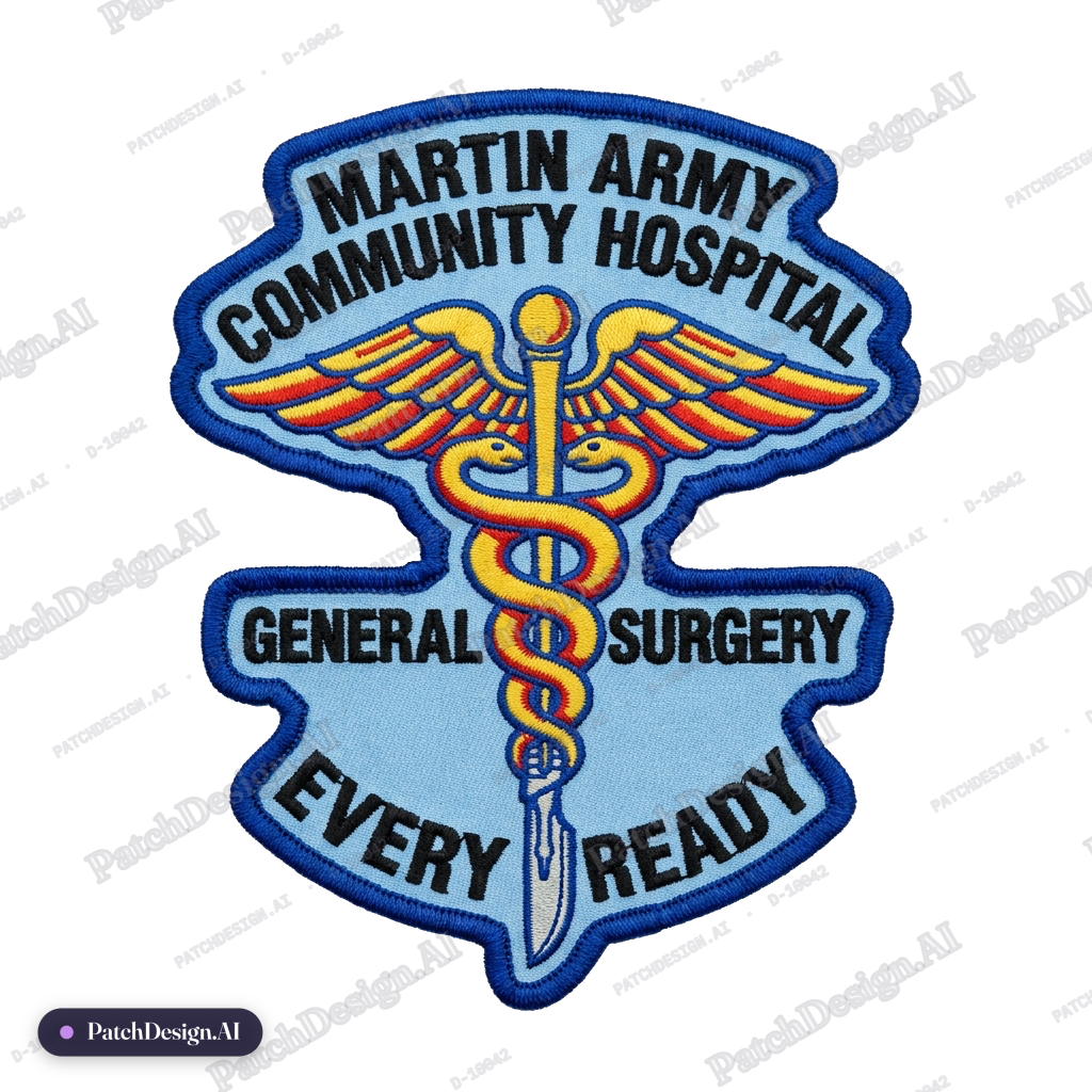 Martin Army Community Hospital, General Surgery, every ready, scalpel, caduceus — custom patch designed with AI