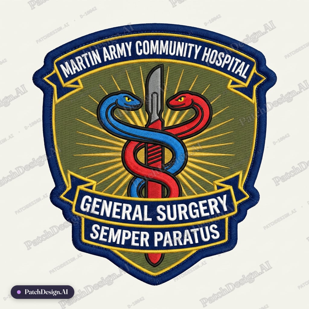* Circular or shield-style U.S. Army unit patch * Central, prominent caduceus * Blue snake — custom patch designed with AI