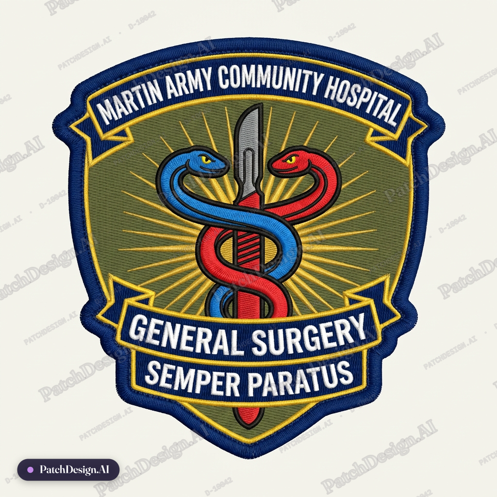 * Circular or shield-style U.S. Army unit patch * Central, prominent caduceus * Blue snake — custom patch designed with AI