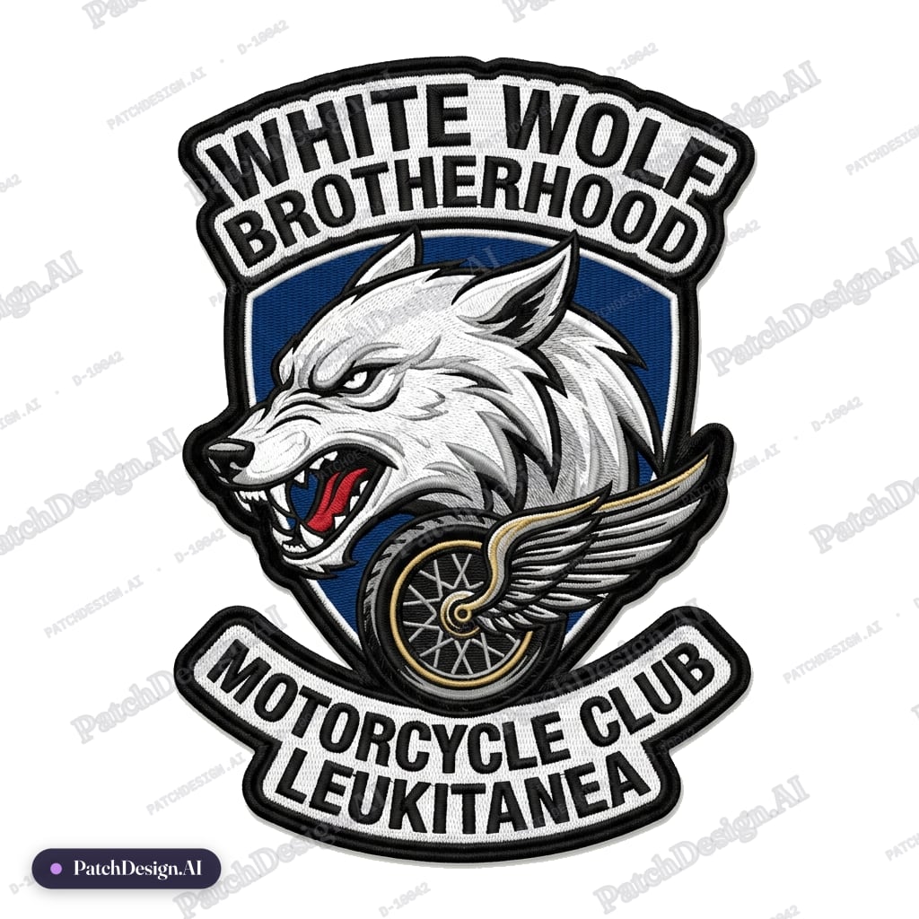 White Wolf Brotherhood Motorcycle Club Leukitanea — custom patch designed with AI