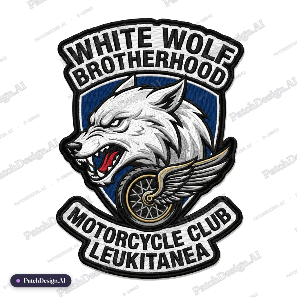 White Wolf Brotherhood Motorcycle Club Leukitanea — custom patch designed with AI