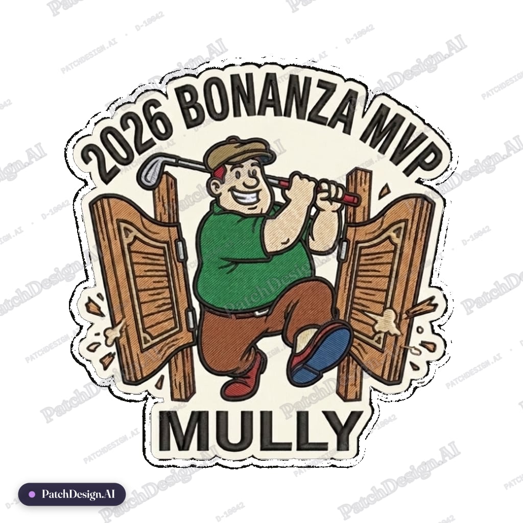 Cartoon golfer coming through saloon doors — custom patch designed with AI