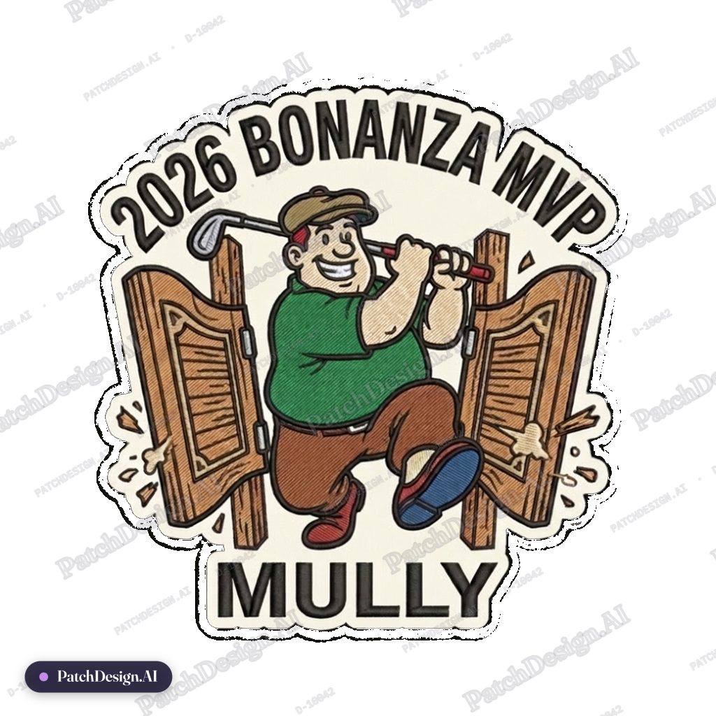 Cartoon golfer coming through saloon doors — custom patch designed with AI