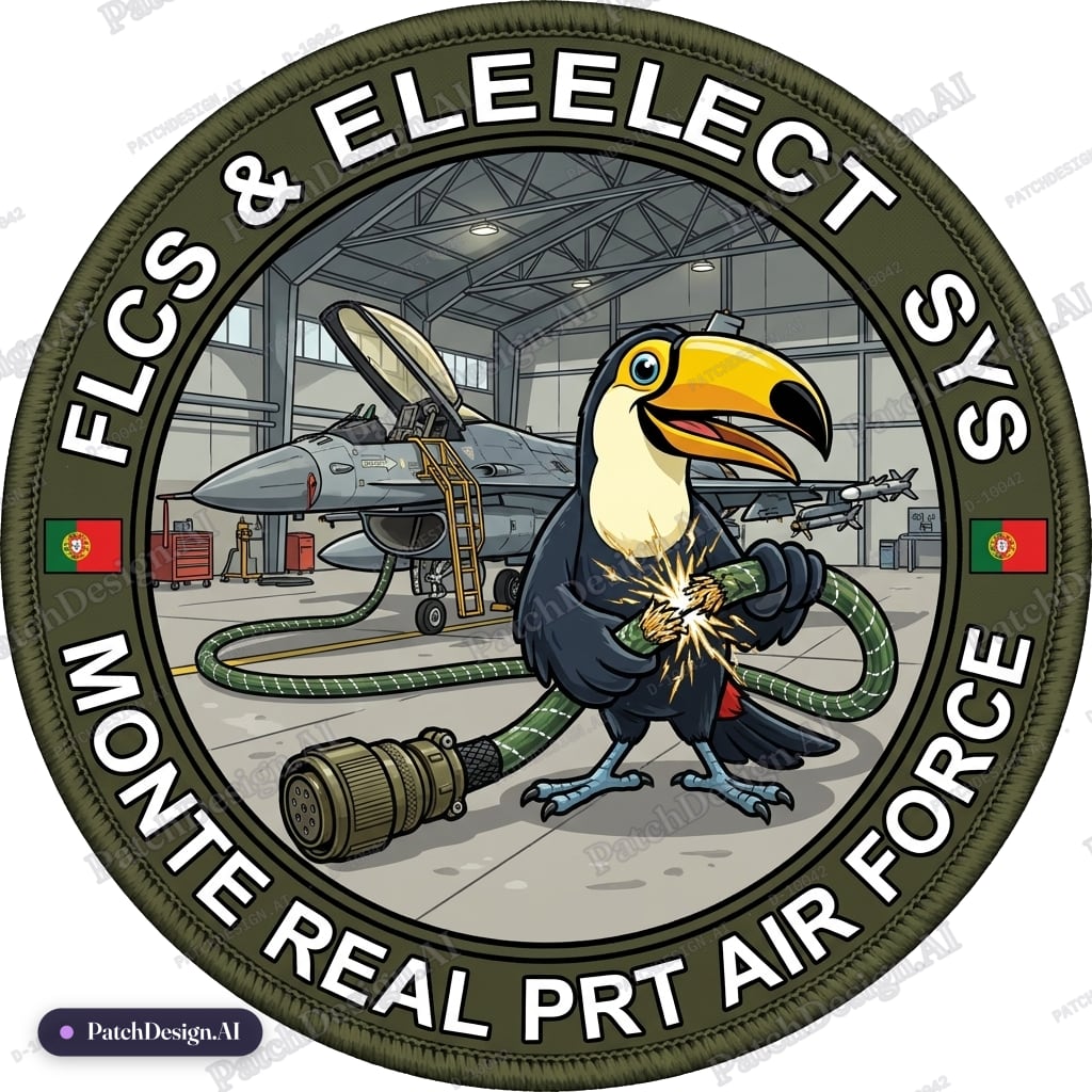 A tucano bird smiling with holding two green braided cables like second image, braid is gr — custom patch designed with AI
