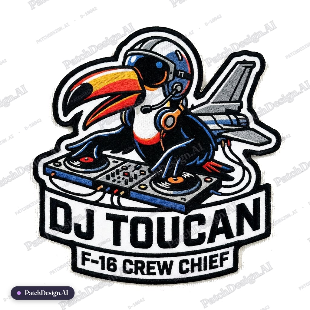 A tucano bird with F-16 crew chief style helmet like a dj .he's connected to the plane but — custom patch designed with AI
