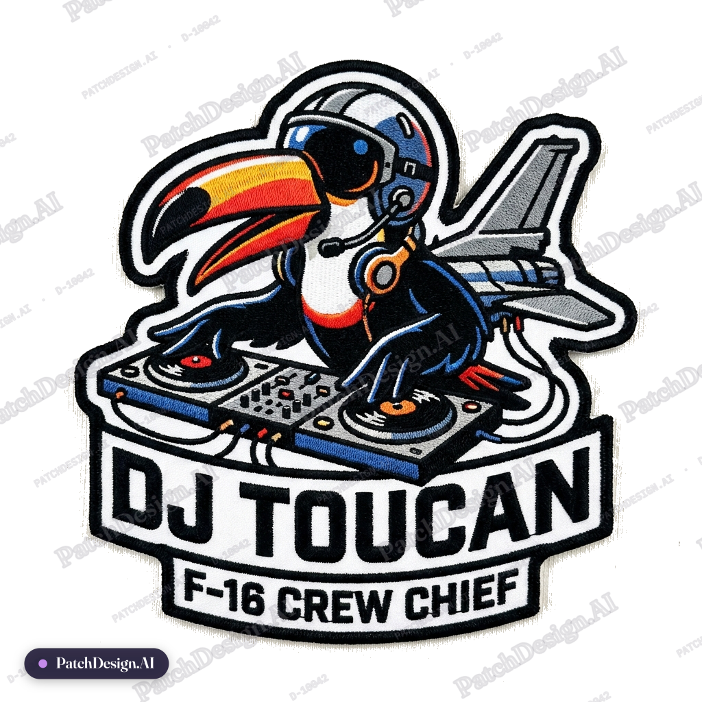 A tucano bird with F-16 crew chief style helmet like a dj .he's connected to the plane but — custom patch designed with AI