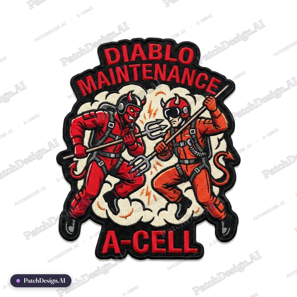Diablo Maintenance on top in red with black behind it, at bottom A-Cell in red with black  — custom patch designed with AI