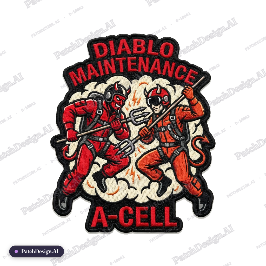 Diablo Maintenance on top in red with black behind it, at bottom A-Cell in red with black  — custom patch designed with AI