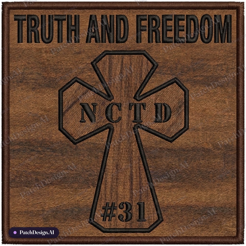 Create a rectangular patch with the tres dias cross in walnut and the words NCTD across th — custom patch designed with AI