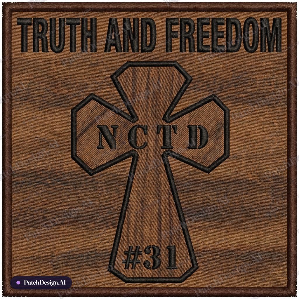 Create a rectangular patch with the tres dias cross in walnut and the words NCTD across th — custom patch designed with AI