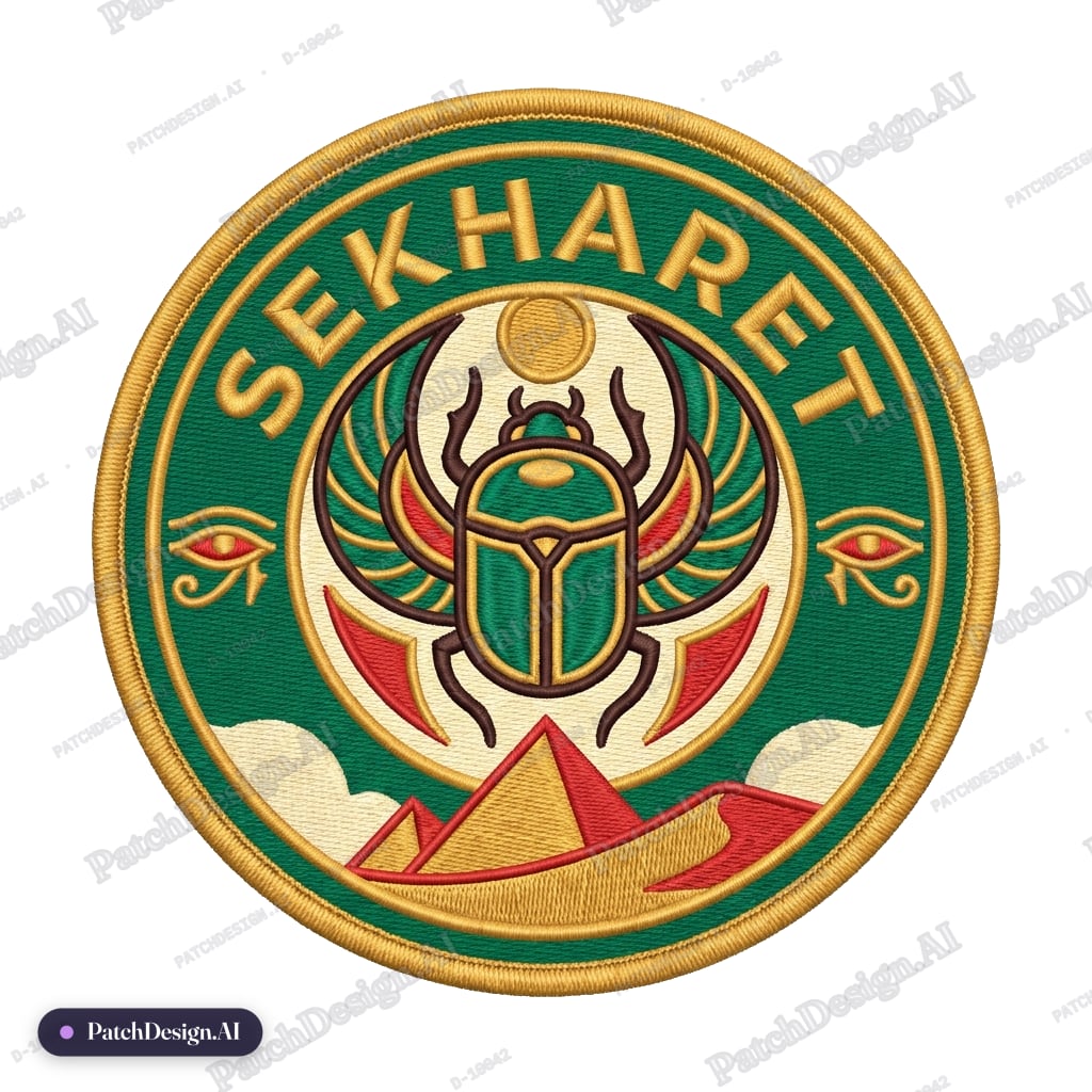 Circular tactical patch, colours gold, emerald, and red accents. Name: SEKHARET. Central s — custom patch designed with AI