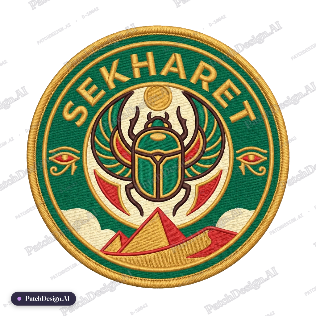 Circular tactical patch, colours gold, emerald, and red accents. Name: SEKHARET. Central s — custom patch designed with AI