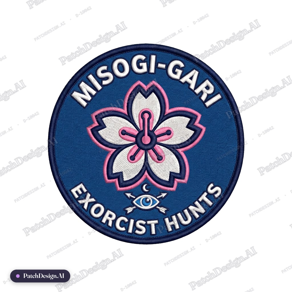 Circular tactical patch, colours blue, white, and pink accents. Name: 禊狩り. Central symbol: — custom patch designed with AI