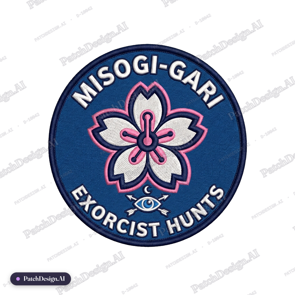 Circular tactical patch, colours blue, white, and pink accents. Name: 禊狩り. Central symbol: — custom patch designed with AI