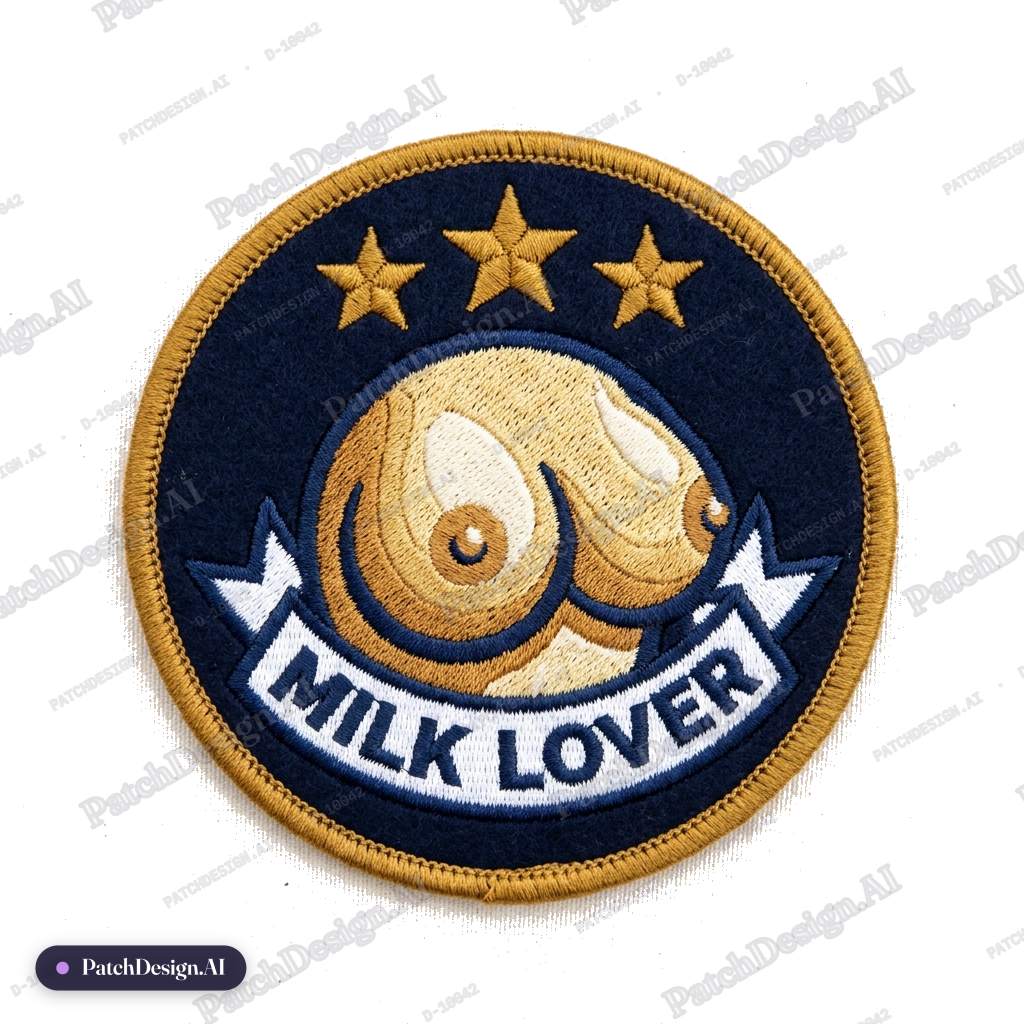 Breasts with 'Milk Lover' banner, stars above, antique gold and navy, circular patch — custom patch designed with AI