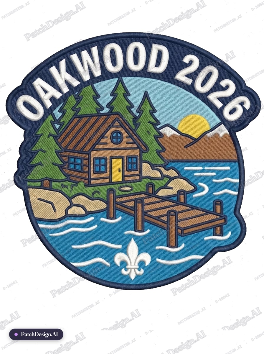 Event / Team: Oakwood 2026 — Main Feature: Cottage dock lake — Width: 6" — Height: 6" — Sh — custom patch designed with AI