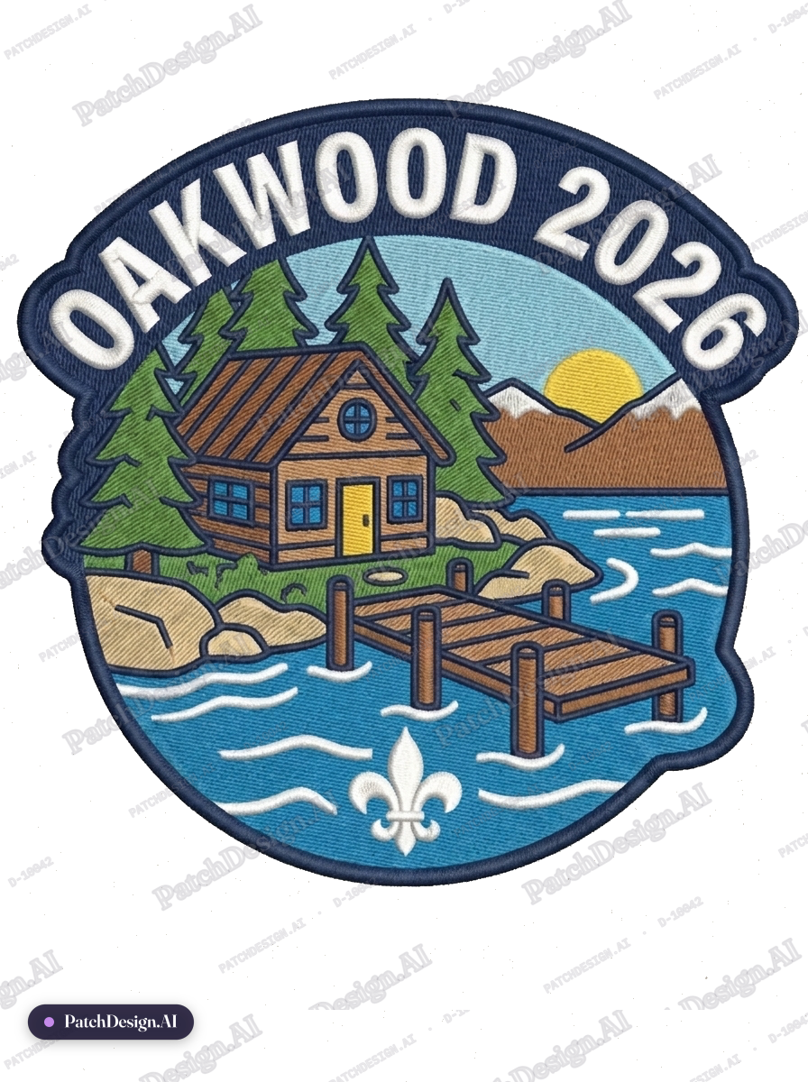Event / Team: Oakwood 2026 — Main Feature: Cottage dock lake — Width: 6" — Height: 6" — Sh — custom patch designed with AI