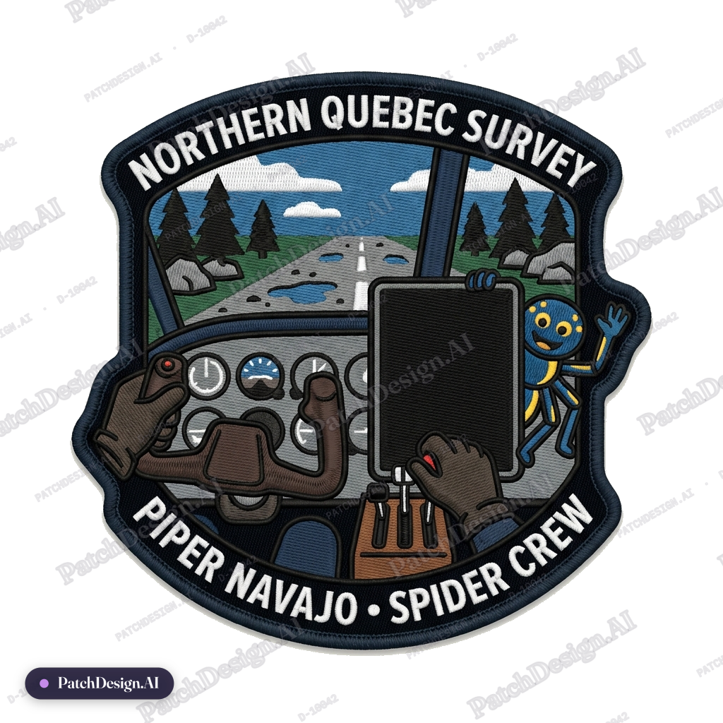 Patch about an inside joke on a aerial survey contract done in north of quebec using piper — custom patch designed with AI