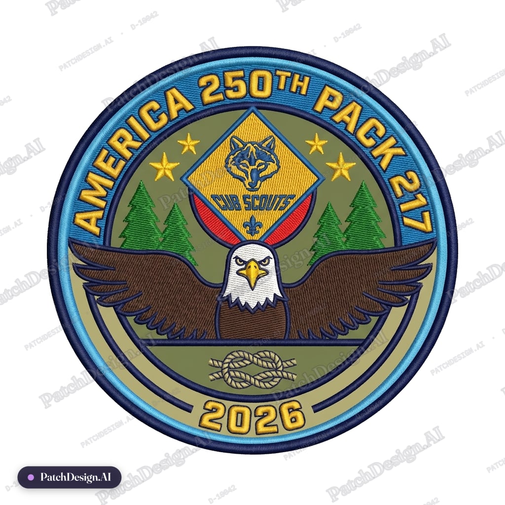 Main Feature: Bald Eagle — Shape: Circle A Bald eagle covering the lower portion of the pa — custom patch designed with AI